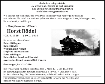 Traueranzeige von Horst Rödel von Thüringer Allgemeine, Thüringische Landeszeitung