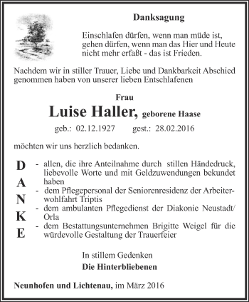 Traueranzeige von Luise Haller von Ostthüringer Zeitung