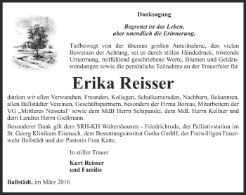 Traueranzeige von Erika Reisser von Ostthüringer Zeitung, Thüringische Landeszeitung