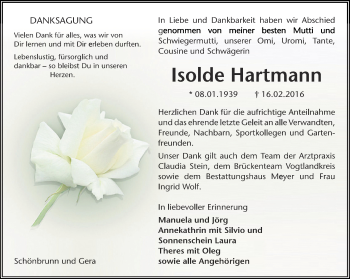 Traueranzeige von Isolde Hartmann von Ostthüringer Zeitung