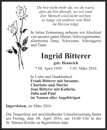 Traueranzeige von Ingrid Bitterer von Thüringer Allgemeine, Thüringische Landeszeitung