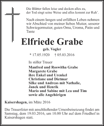Traueranzeige von Elfriede Grabe von Thüringer Allgemeine, Thüringische Landeszeitung