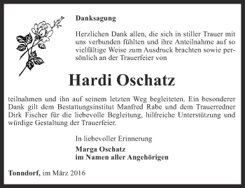 Traueranzeige von Hardi Oschatz von Thüringer Allgemeine, Thüringische Landeszeitung