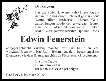 Traueranzeige von Edwin Feuerstein von Thüringer Allgemeine, Thüringische Landeszeitung