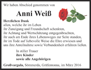 Traueranzeige von Anni Weiß von Thüringer Allgemeine, Thüringische Landeszeitung