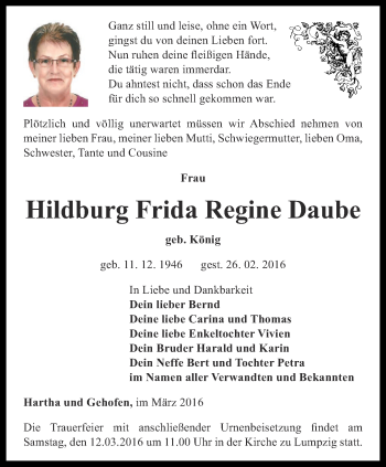 Traueranzeige von Hildburg Frida Regine Daube von Ostthüringer Zeitung