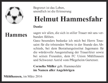 Traueranzeige von Helmut Hammesfahr von Thüringer Allgemeine, Thüringische Landeszeitung