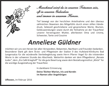 Traueranzeige von Anneliese Güldner von Thüringer Allgemeine, Thüringische Landeszeitung