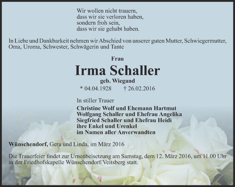  Traueranzeige für Irma Schaller vom 02.03.2016 aus Ostthüringer Zeitung