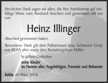 Traueranzeige von Heinz Illinger von Ostthüringer Zeitung, Thüringische Landeszeitung