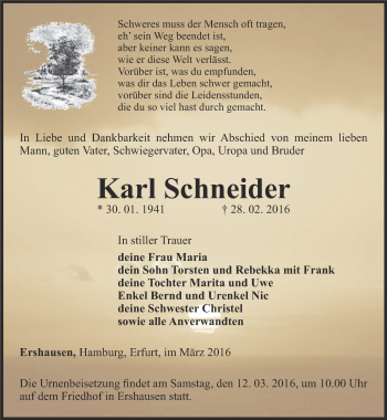 Traueranzeige von Karl Schneider von Thüringer Allgemeine