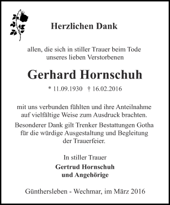 Traueranzeige von Gerhard Hornschuh von Ostthüringer Zeitung, Thüringische Landeszeitung