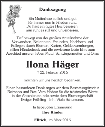 Traueranzeige von Ilona Häger von Thüringer Allgemeine