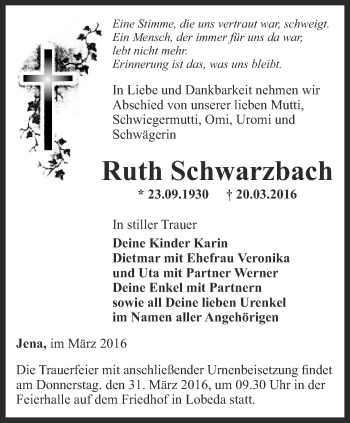 Traueranzeige von Ruth Schwarzbach von Ostthüringer Zeitung, Thüringische Landeszeitung