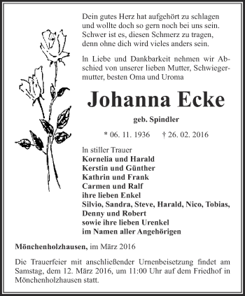 Traueranzeige von Johanna Ecke von Thüringer Allgemeine, Thüringische Landeszeitung