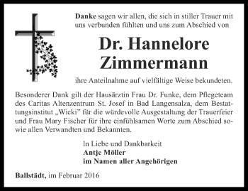 Traueranzeige von Hannelore Zimmermann von Ostthüringer Zeitung, Thüringische Landeszeitung