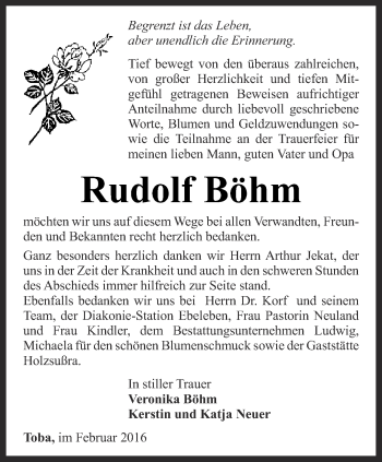 Traueranzeige von Rudolf Böhm von Thüringer Allgemeine