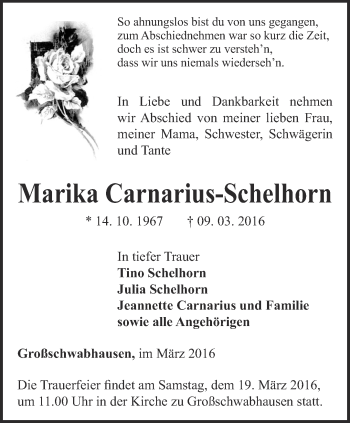 Traueranzeige von Marika Carnarius-Schellhorn von Thüringer Allgemeine, Thüringische Landeszeitung