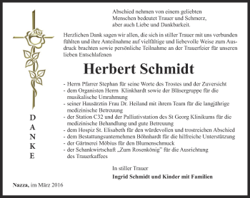 Traueranzeige von Herbert Schmidt von Thüringer Allgemeine, Thüringische Landeszeitung