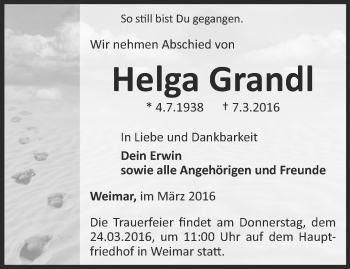 Traueranzeige von Helga Grandl von Thüringer Allgemeine, Thüringische Landeszeitung