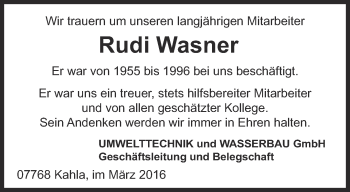 Traueranzeige von Rudi Wasner von Ostthüringer Zeitung, Thüringische Landeszeitung