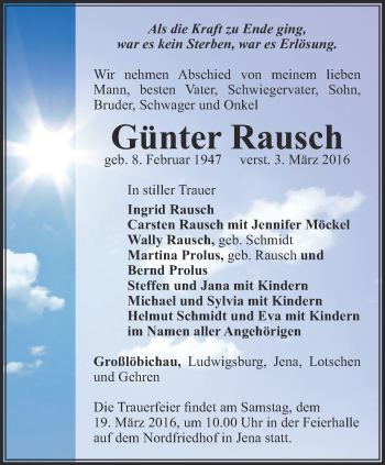 Traueranzeige von Günter Rausch von Ostthüringer Zeitung, Thüringische Landeszeitung
