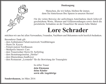 Traueranzeige von Lore Schrader von Thüringer Allgemeine