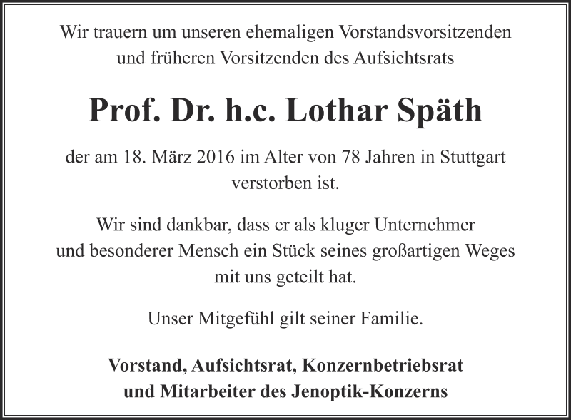  Traueranzeige für Lothar Späth vom 23.03.2016 aus Thüringer Allgemeine, Thüringische Landeszeitung, Ostthüringer Zeitung