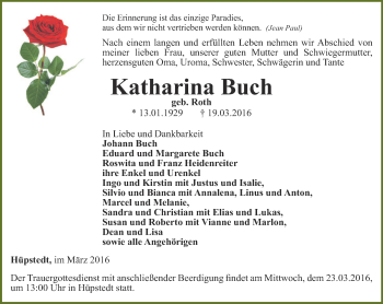 Traueranzeige von Katharina Buch von Thüringer Allgemeine, Thüringische Landeszeitung