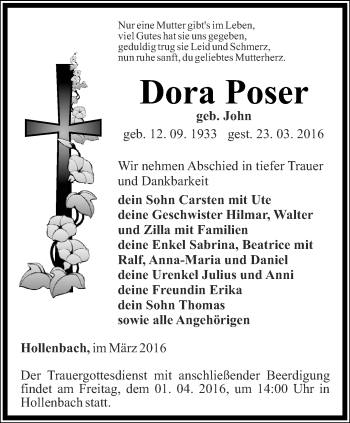 Traueranzeige von Dora Poser von Thüringer Allgemeine, Thüringische Landeszeitung