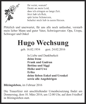 Traueranzeige von Hugo Wechsung von Thüringer Allgemeine
