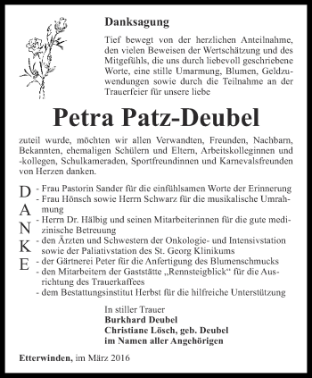 Traueranzeige von Petra Patz-Deubel von Thüringer Allgemeine, Thüringische Landeszeitung