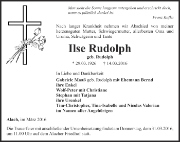 Traueranzeige von Ilse Rudolph von Thüringer Allgemeine, Thüringische Landeszeitung