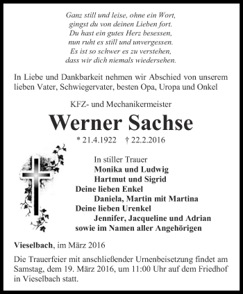 Traueranzeige von Werner Sachse von Thüringer Allgemeine, Thüringische Landeszeitung