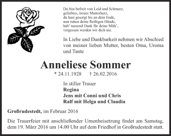 Traueranzeige von Anneliese Sommer von Thüringer Allgemeine, Thüringische Landeszeitung