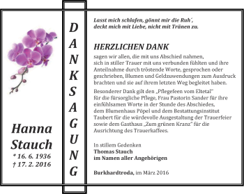 Traueranzeige von Hanna Stauch von Thüringer Allgemeine, Thüringische Landeszeitung