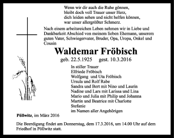 Traueranzeige von Waldemar Fröbisch von Ostthüringer Zeitung