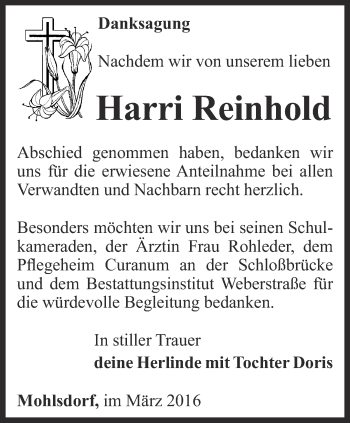 Traueranzeige von Harri Reinhold von Ostthüringer Zeitung