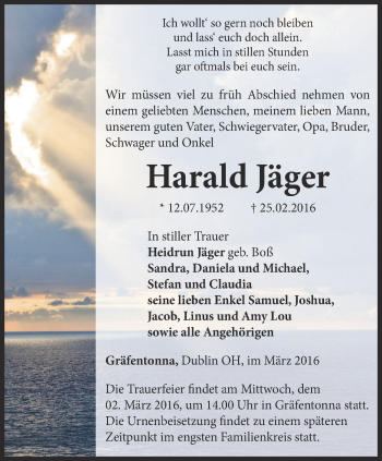 Traueranzeige von Harald Jäger von Thüringer Allgemeine, Thüringische Landeszeitung