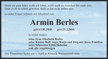 Traueranzeige von Armin Berles von Thüringer Allgemeine, Thüringische Landeszeitung