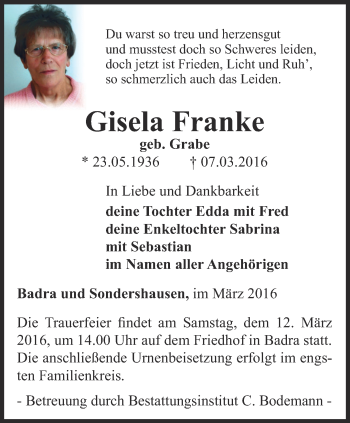 Traueranzeige von Gisela Franke von Thüringer Allgemeine