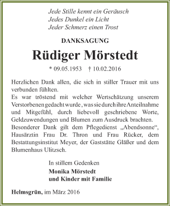 Traueranzeige von Rüdiger Mörstedt von Ostthüringer Zeitung
