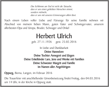 Traueranzeige von Herbert Ulrich von Ostthüringer Zeitung