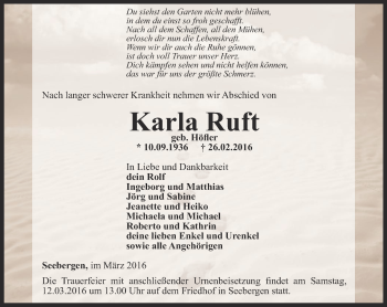 Traueranzeige von Karla Ruft von Ostthüringer Zeitung, Thüringische Landeszeitung