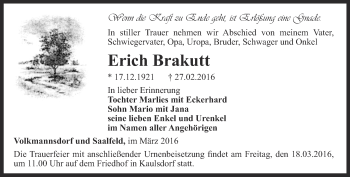 Traueranzeige von Erich Brakutt von Ostthüringer Zeitung