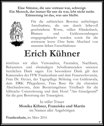 Traueranzeige von Erich Kühner von Thüringer Allgemeine