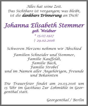 Traueranzeige von Johanna Elisabeth Stemmer  von Ostthüringer Zeitung, Thüringische Landeszeitung