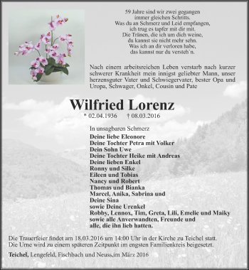 Traueranzeige von Wilfried Lorenz von Ostthüringer Zeitung