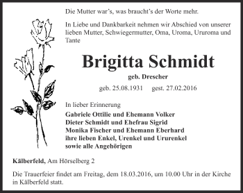 Traueranzeige von Brigitta Schmidt von Thüringer Allgemeine, Thüringische Landeszeitung