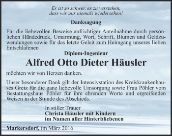 Traueranzeige von Alfred Otto Dieter Häusler von Ostthüringer Zeitung